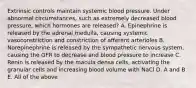 Extrinsic controls maintain systemic blood pressure. Under abnormal circumstances, such as extremely decreased blood pressure, which hormones are released? A. Epinephrine is released by the adrenal medulla, causing systemic vasoconstriction and constriction of afferent arterioles B. Norepinephrine is released by the sympathetic nervous system, causing the GFR to decrease and blood pressure to increase C. Renin is released by the macula densa cells, activating the granular cells and increasing blood volume with NaCl D. A and B E. All of the above