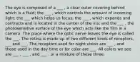 The eye is composed of a ___ , a clear outer covering behind which is a fluid; the ___ , which controls the amount of incoming light; the ___ which helps us focus; the ___ , which expands and contracts and is located in the center of the iris; and the ___ , the photosensitive surface of the eye which acts like the film in a camera. The place where the optic nerve leaves the eye is called the ___. The retina is made up of two different kinds of receptors, ___ and ___. The receptors used for night vision are ___ , and those used in the day time or for color are ___. All colors we see are ___ , ___ , and ___ , or a mixture of these three.