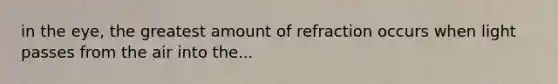in the eye, the greatest amount of refraction occurs when light passes from the air into the...