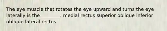 The eye muscle that rotates the eye upward and turns the eye laterally is the ________. medial rectus superior oblique inferior oblique lateral rectus