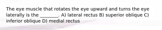 The eye muscle that rotates the eye upward and turns the eye laterally is the ________. A) lateral rectus B) superior oblique C) inferior oblique D) medial rectus