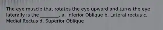 The eye muscle that rotates the eye upward and turns the eye laterally is the ________. a. Inferior Oblique b. Lateral rectus c. Medial Rectus d. Superior Oblique