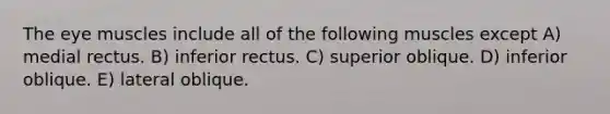 The eye muscles include all of the following muscles except A) medial rectus. B) inferior rectus. C) superior oblique. D) inferior oblique. E) lateral oblique.