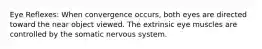 Eye Reflexes: When convergence occurs, both eyes are directed toward the near object viewed. The extrinsic eye muscles are controlled by the somatic nervous system.