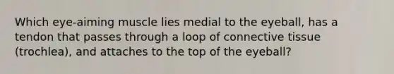 Which eye-aiming muscle lies medial to the eyeball, has a tendon that passes through a loop of connective tissue (trochlea), and attaches to the top of the eyeball?