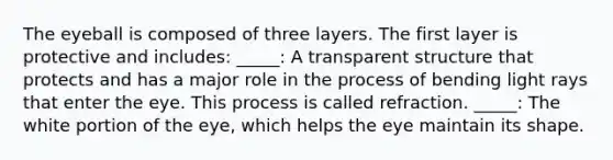 The eyeball is composed of three layers. The first layer is protective and includes: _____: A transparent structure that protects and has a major role in the process of bending light rays that enter the eye. This process is called refraction. _____: The white portion of the eye, which helps the eye maintain its shape.