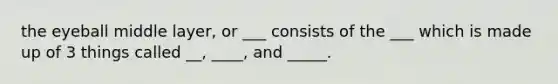 the eyeball middle layer, or ___ consists of the ___ which is made up of 3 things called __, ____, and _____.