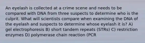 An eyelash is collected at a crime scene and needs to be compared with DNA from three suspects to determine who is the culprit. What will scientists compare when examining the DNA of the eyelash and suspects to determine whose eyelash it is? A) gel electrophoresis B) short tandem repeats (STRs) C) restriction enzymes D) polymerase chain reaction (PCR