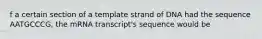 f a certain section of a template strand of DNA had the sequence AATGCCCG, the mRNA transcript's sequence would be