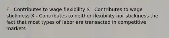 F - Contributes to wage flexibility S - Contributes to wage stickiness X - Contributes to neither flexibility nor stickiness the fact that most types of labor are transacted in competitive markets