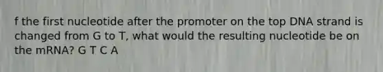 f the first nucleotide after the promoter on the top DNA strand is changed from G to T, what would the resulting nucleotide be on the mRNA? G T C A