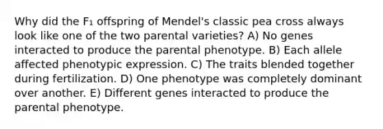 Why did the F₁ offspring of Mendel's classic pea cross always look like one of the two parental varieties? A) No genes interacted to produce the parental phenotype. B) Each allele affected phenotypic expression. C) The traits blended together during fertilization. D) One phenotype was completely dominant over another. E) Different genes interacted to produce the parental phenotype.