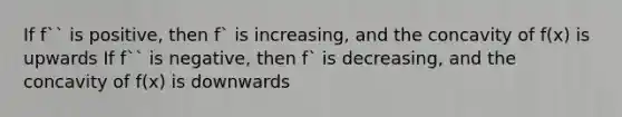 If f`` is positive, then f` is increasing, and the concavity of f(x) is upwards If f`` is negative, then f` is decreasing, and the concavity of f(x) is downwards