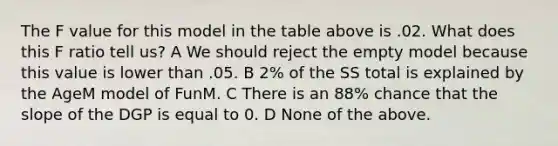 The F value for this model in the table above is .02. What does this F ratio tell us? A We should reject the empty model because this value is lower than .05. B 2% of the SS total is explained by the AgeM model of FunM. C There is an 88% chance that the slope of the DGP is equal to 0. D None of the above.