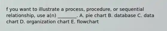 f you want to illustrate a​ process, procedure, or sequential​ relationship, use​ a(n) ________. A. pie chart B. database C. data chart D. organization chart E. flowchart