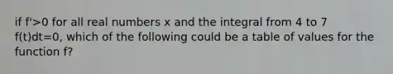 if f'>0 for all real numbers x and the integral from 4 to 7 f(t)dt=0, which of the following could be a table of values for the function f?