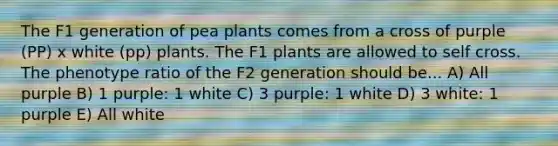 The F1 generation of pea plants comes from a cross of purple (PP) x white (pp) plants. The F1 plants are allowed to self cross. The phenotype ratio of the F2 generation should be... A) All purple B) 1 purple: 1 white C) 3 purple: 1 white D) 3 white: 1 purple E) All white