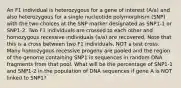 An F1 individual is heterozygous for a gene of interest (A/a) and also heterozygous for a single nucleotide polymorphism (SNP) with the two choices at the SNP marker designated as SNP1-1 or SNP1-2. Two F1 individuals are crossed to each other and homozygous recessive individuals (a/a) are recovered. Note that this is a cross between two F1 individuals, NOT a test cross. Many homozygous recessive progeny are pooled and the region of the genome containing SNP1 is sequences in random DNA fragments from that pool. What will be the percentage of SNP1-1 and SNP1-2 in the population of DNA sequences if gene A is NOT linked to SNP1?