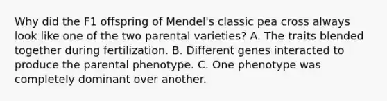 Why did the F1 offspring of Mendel's classic pea cross always look like one of the two parental varieties? A. The traits blended together during fertilization. B. Different genes interacted to produce the parental phenotype. C. One phenotype was completely dominant over another.