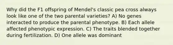 Why did the F1 offspring of Mendel's classic pea cross always look like one of the two parental varieties? A) No genes interacted to produce the parental phenotype. B) Each allele affected phenotypic expression. C) The traits blended together during fertilization. D) One allele was dominant