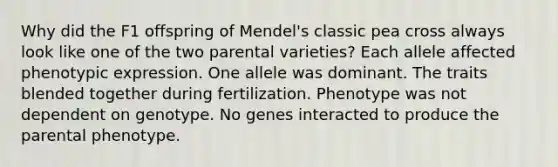 Why did the F1 offspring of Mendel's classic pea cross always look like one of the two parental varieties? Each allele affected phenotypic expression. One allele was dominant. The traits blended together during fertilization. Phenotype was not dependent on genotype. No genes interacted to produce the parental phenotype.