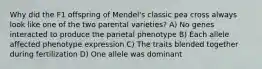 Why did the F1 offspring of Mendel's classic pea cross always look like one of the two parental varieties? A) No genes interacted to produce the parietal phenotype B) Each allele affected phenotype expression C) The traits blended together during fertilization D) One allele was dominant