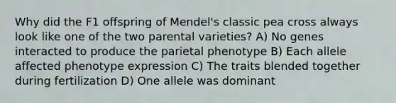 Why did the F1 offspring of Mendel's classic pea cross always look like one of the two parental varieties? A) No genes interacted to produce the parietal phenotype B) Each allele affected phenotype expression C) The traits blended together during fertilization D) One allele was dominant