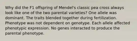 Why did the F1 offspring of Mendel's classic pea cross always look like one of the two parental varieties? One allele was dominant. The traits blended together during fertilization. Phenotype was not dependent on genotype. Each allele affected phenotypic expression. No genes interacted to produce the parental phenotype.