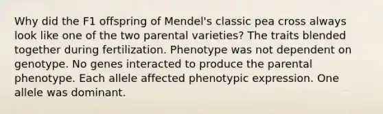 Why did the F1 offspring of Mendel's classic pea cross always look like one of the two parental varieties? The traits blended together during fertilization. Phenotype was not dependent on genotype. No genes interacted to produce the parental phenotype. Each allele affected phenotypic expression. One allele was dominant.