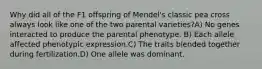 Why did all of the F1 offspring of Mendel's classic pea cross always look like one of the two parental varieties?A) No genes interacted to produce the parental phenotype. B) Each allele affected phenotypic expression.C) The traits blended together during fertilization.D) One allele was dominant.