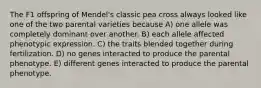 The F1 offspring of Mendel's classic pea cross always looked like one of the two parental varieties because A) one allele was completely dominant over another. B) each allele affected phenotypic expression. C) the traits blended together during fertilization. D) no genes interacted to produce the parental phenotype. E) different genes interacted to produce the parental phenotype.