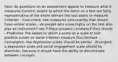 Face: do questions on an assessment appear to measure what it measures Content: extent to which the items on a test are fairly representative of the entire domain the test seeks to measure Criterion --Concurrent: two measures concurrently that should have similar scores --do people who score highly on the test also play an instrument? see if these answers correlate/if they should --Predictive: the extent to which a score on a scale or test predicts scores on some criterion measure Discriminant --Convergent: two depression scales should be similar --Divergent: a depression scale and social engagement scale should be dissimilar, because it should have the ability to discriminate between concepts