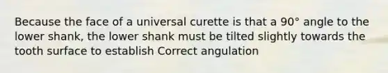 Because the face of a universal curette is that a 90° angle to the lower shank, the lower shank must be tilted slightly towards the tooth surface to establish Correct angulation