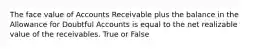 The face value of Accounts Receivable plus the balance in the Allowance for Doubtful Accounts is equal to the net realizable value of the receivables. True or False