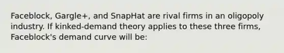 Faceblock, Gargle+, and SnapHat are rival firms in an oligopoly industry. If kinked-demand theory applies to these three firms, Faceblock's demand curve will be: