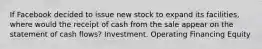 If Facebook decided to issue new stock to expand its facilities, where would the receipt of cash from the sale appear on the statement of cash flows? Investment. Operating Financing Equity