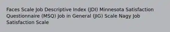 Faces Scale Job Descriptive Index (JDI) Minnesota Satisfaction Questionnaire (MSQ) Job in General (JIG) Scale Nagy Job Satisfaction Scale