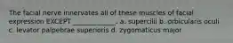 The facial nerve innervates all of these muscles of facial expression EXCEPT _____________. a. supercilii b. orbicularis oculi c. levator palpebrae superioris d. zygomaticus major