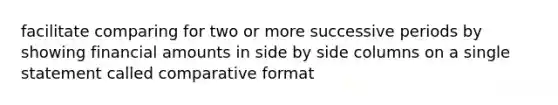 facilitate comparing for two or more successive periods by showing financial amounts in side by side columns on a single statement called comparative format