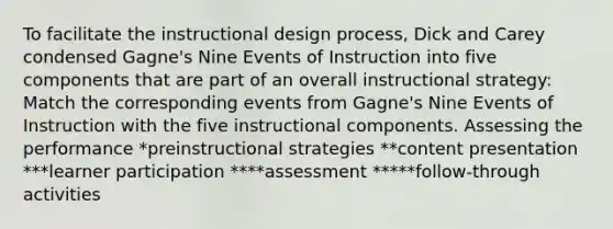 To facilitate the instructional design process, Dick and Carey condensed Gagne's Nine Events of Instruction into five components that are part of an overall instructional strategy: Match the corresponding events from Gagne's Nine Events of Instruction with the five instructional components. Assessing the performance *preinstructional strategies **content presentation ***learner participation ****assessment *****follow-through activities