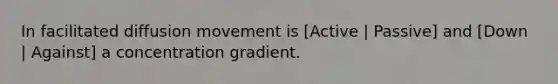 In facilitated diffusion movement is [Active | Passive] and [Down | Against] a concentration gradient.