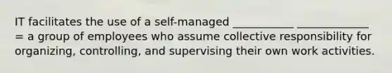 IT facilitates the use of a self-managed ___________ _____________ = a group of employees who assume collective responsibility for organizing, controlling, and supervising their own work activities.