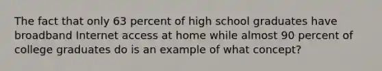 The fact that only 63 percent of high school graduates have broadband Internet access at home while almost 90 percent of college graduates do is an example of what concept?