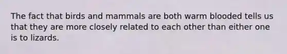 The fact that birds and mammals are both warm blooded tells us that they are more closely related to each other than either one is to lizards.