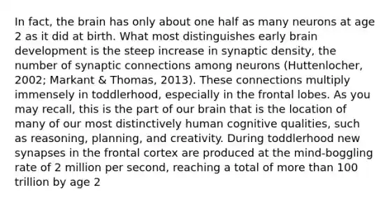 In fact, the brain has only about one half as many neurons at age 2 as it did at birth. What most distinguishes early brain development is the steep increase in synaptic density, the number of synaptic connections among neurons (Huttenlocher, 2002; Markant & Thomas, 2013). These connections multiply immensely in toddlerhood, especially in the frontal lobes. As you may recall, this is the part of our brain that is the location of many of our most distinctively human cognitive qualities, such as reasoning, planning, and creativity. During toddlerhood new synapses in the frontal cortex are produced at the mind-boggling rate of 2 million per second, reaching a total of more than 100 trillion by age 2