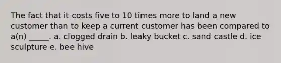 The fact that it costs five to 10 times more to land a new customer than to keep a current customer has been compared to a(n) _____. a. clogged drain b. leaky bucket c. sand castle d. ice sculpture e. bee hive