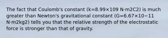 The fact that Coulomb's constant (k=8.99×109 N⋅m2C2) is much greater than Newton's gravitational constant (G=6.67×10−11 N⋅m2kg2) tells you that the relative strength of the electrostatic force is stronger than that of gravity.