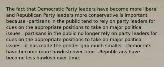 The fact that Democratic Party leaders have become more liberal and Republican Party leaders more conservative is important because -partisans in the public tend to rely on party leaders for cues on the appropriate positions to take on major political issues. -partisans in the public no longer rely on party leaders for cues on the appropriate positions to take on major political issues. -it has made the gender gap much smaller. -Democrats have become more hawkish over time. -Republicans have become less hawkish over time.