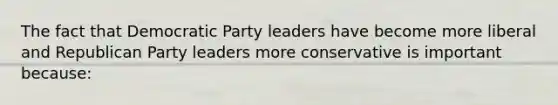 The fact that Democratic Party leaders have become more liberal and Republican Party leaders more conservative is important because: