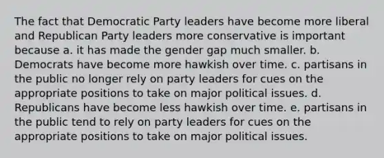 The fact that Democratic Party leaders have become more liberal and Republican Party leaders more conservative is important because a. it has made the gender gap much smaller. b. Democrats have become more hawkish over time. c. partisans in the public no longer rely on party leaders for cues on the appropriate positions to take on major political issues. d. Republicans have become less hawkish over time. e. partisans in the public tend to rely on party leaders for cues on the appropriate positions to take on major political issues.